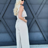 Stripe Sleeve Crop Top and Pants Set In Cream - Infinity Raine