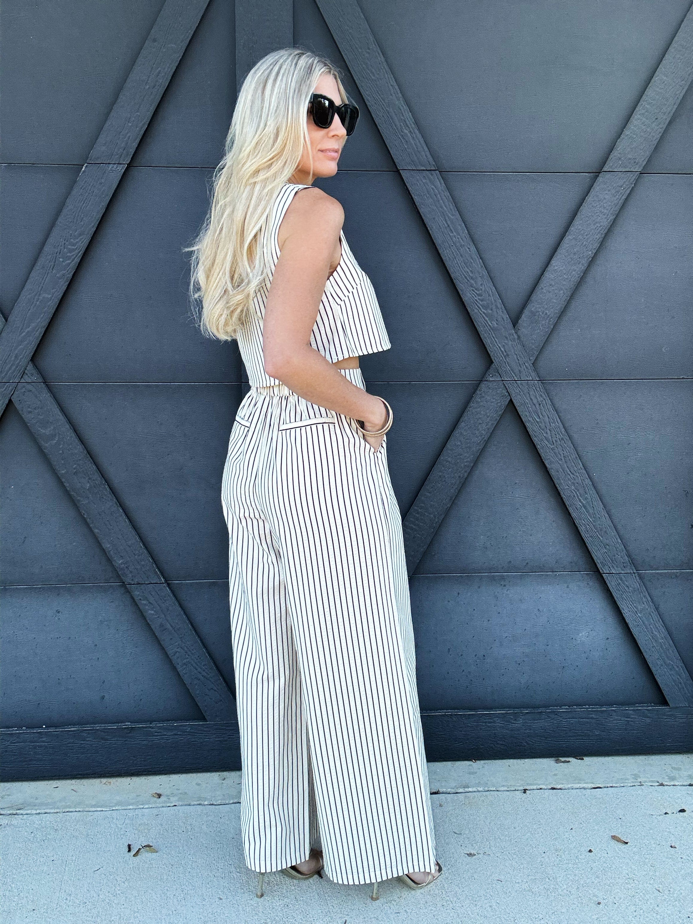 Stripe Sleeve Crop Top and Pants Set In Cream - Infinity Raine