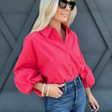 Button Down Bubble Sleeve Top In Berry Red - Infinity Raine