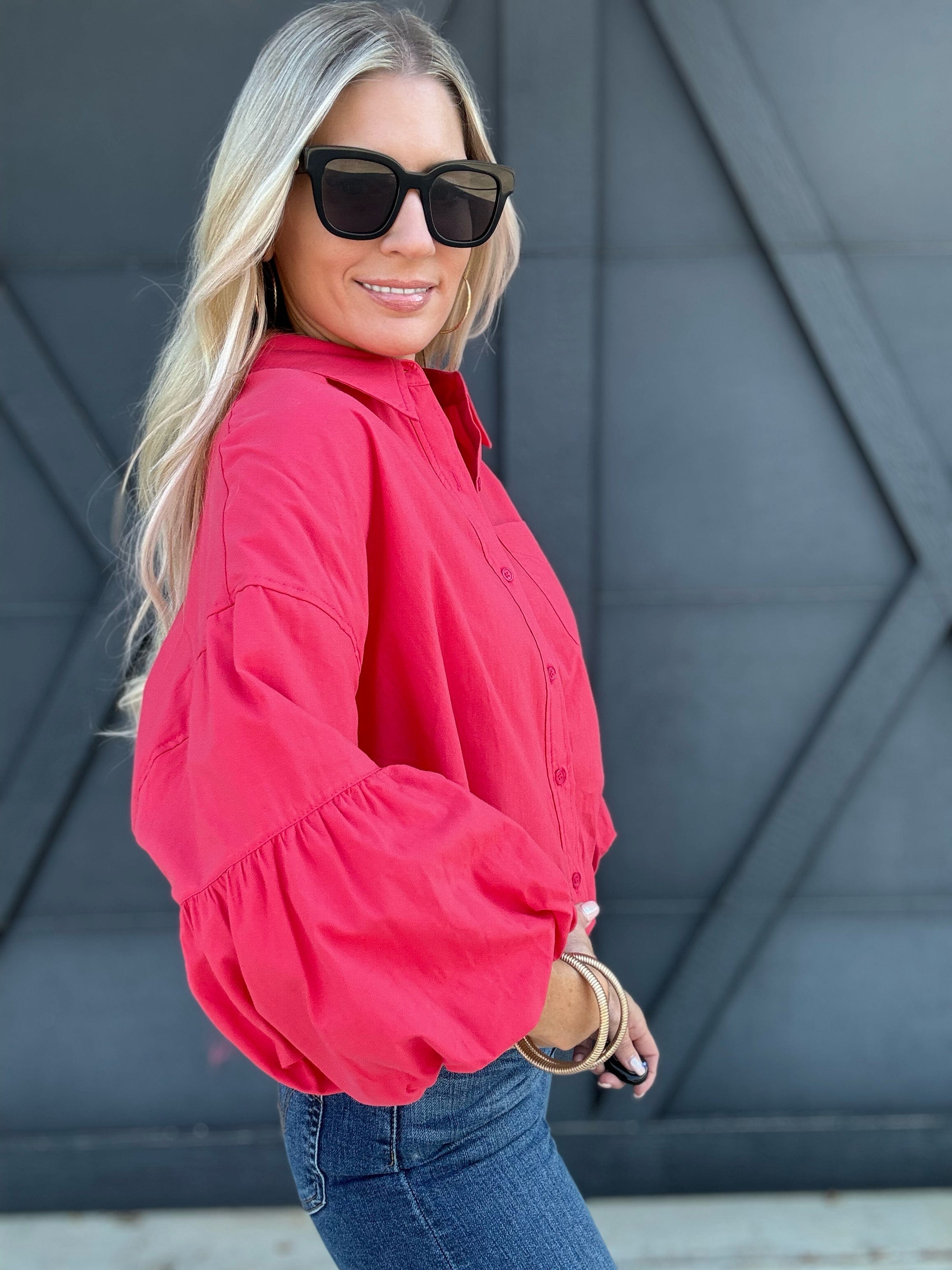 Button Down Bubble Sleeve Top In Berry Red - Infinity Raine