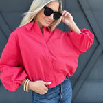 Button Down Bubble Sleeve Top In Berry Red - Infinity Raine