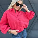 Button Down Bubble Sleeve Top In Berry Red - Infinity Raine