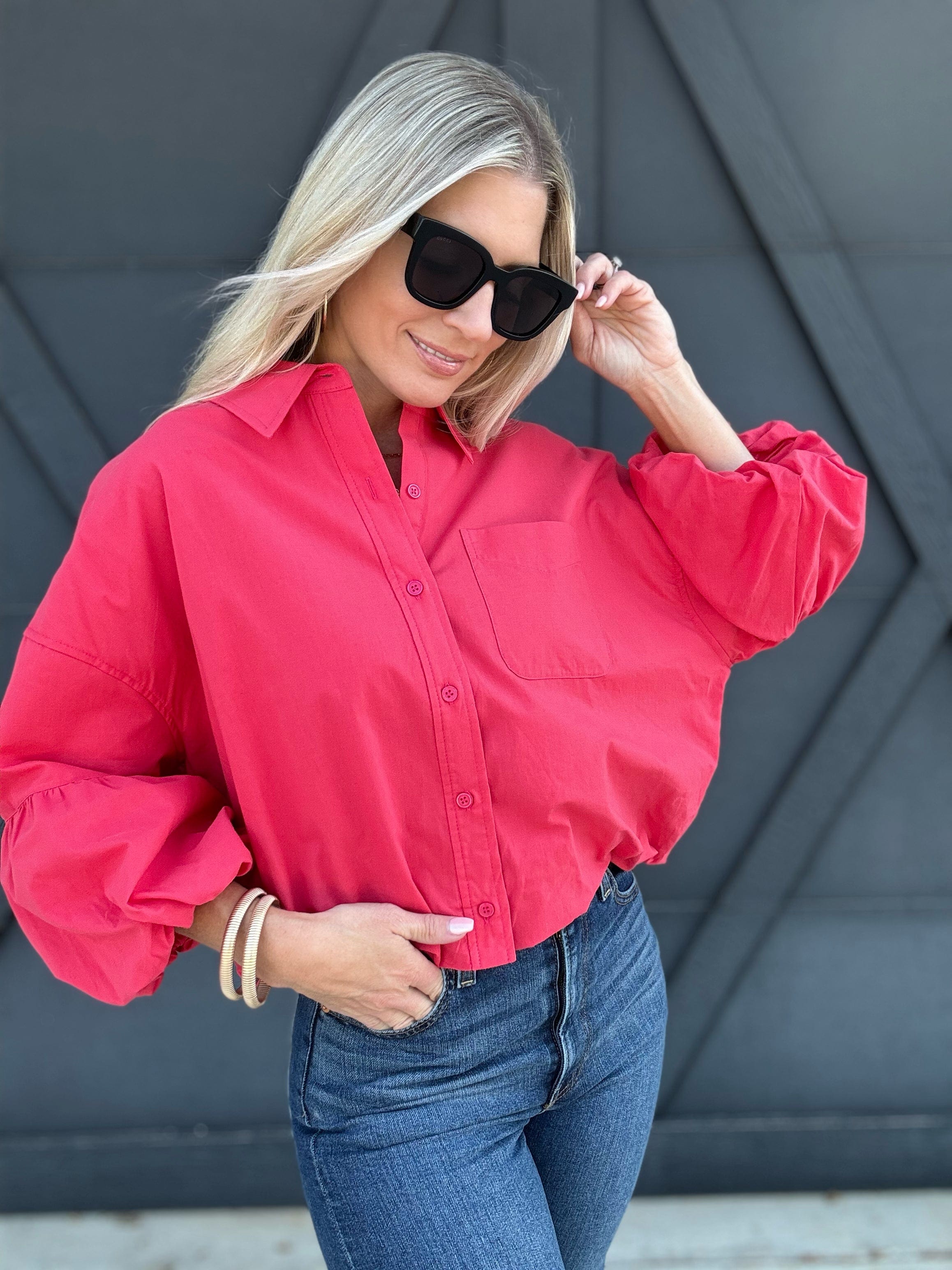 Button Down Bubble Sleeve Top In Berry Red - Infinity Raine