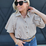 Striped Bubble Sleeve Button Down Top In Pecan - Infinity Raine