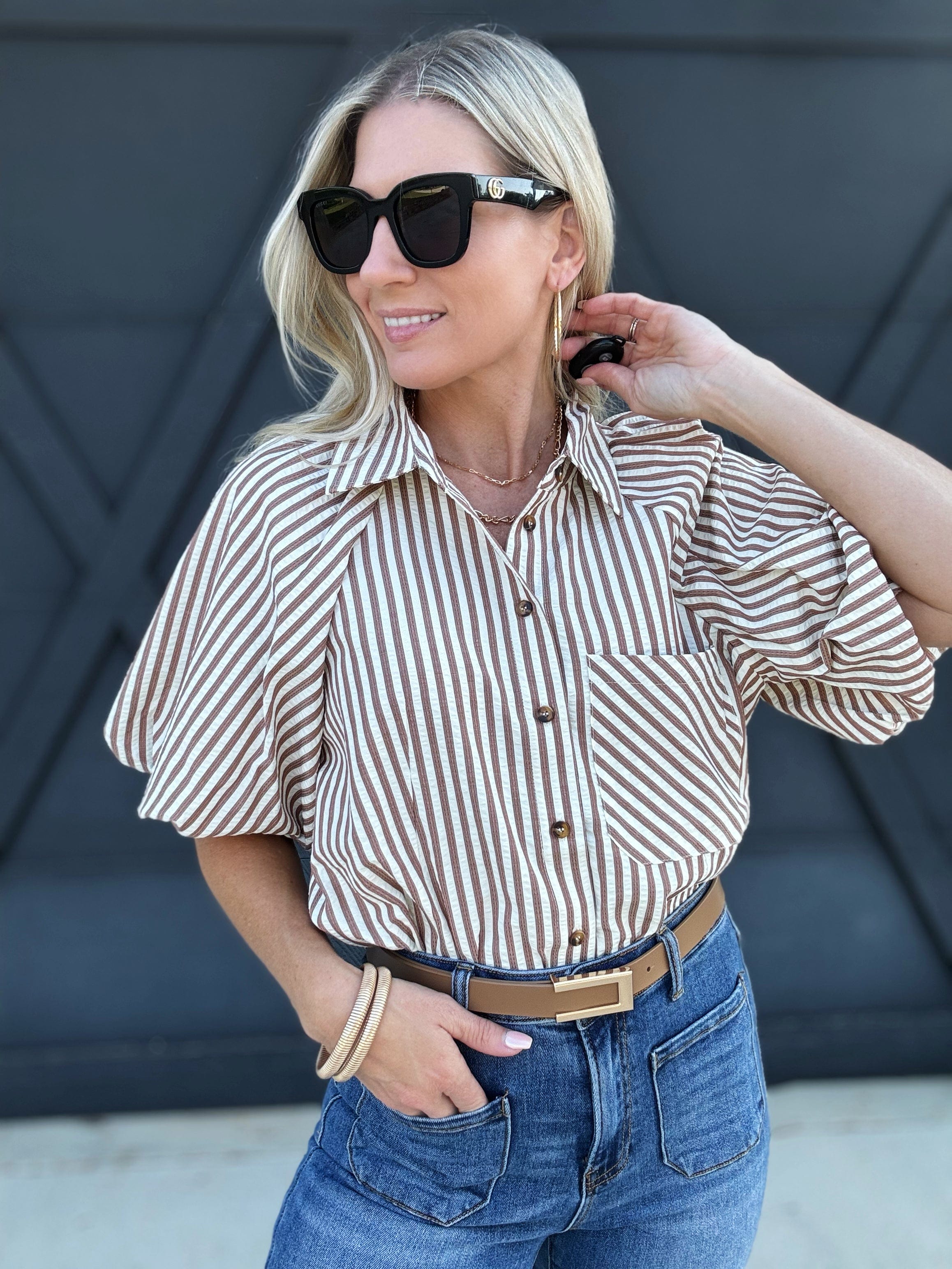 Striped Bubble Sleeve Button Down Top In Pecan - Infinity Raine