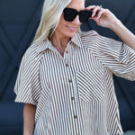 Striped Bubble Sleeve Button Down Top In Pecan - Infinity Raine