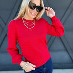 Puff Sleeve Scalloped Pointelle Sweater in Red - Infinity Raine