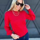 Puff Sleeve Scalloped Pointelle Sweater in Red - Infinity Raine