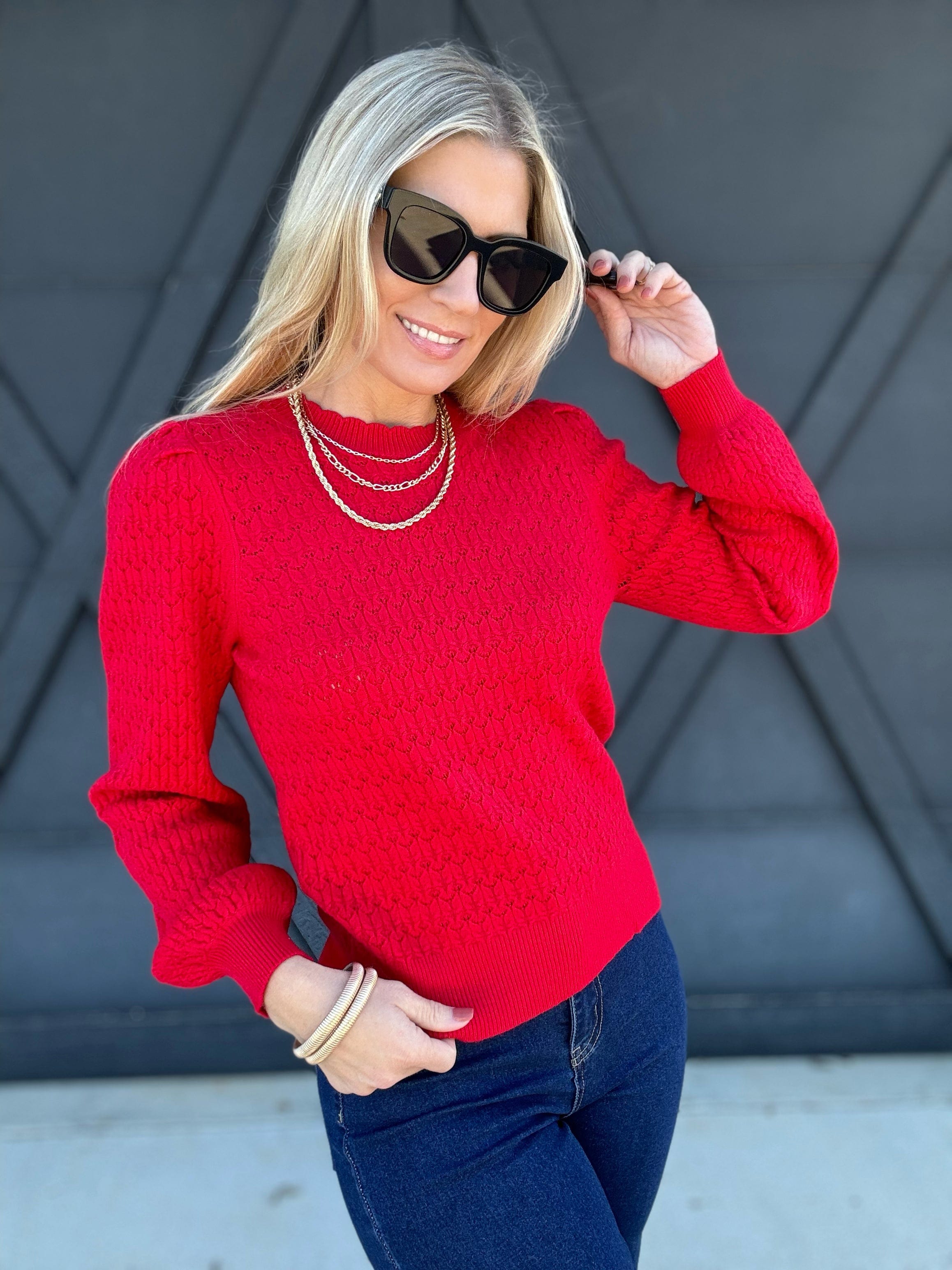 Puff Sleeve Scalloped Pointelle Sweater in Red - Infinity Raine