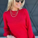 Puff Sleeve Scalloped Pointelle Sweater in Red - Infinity Raine