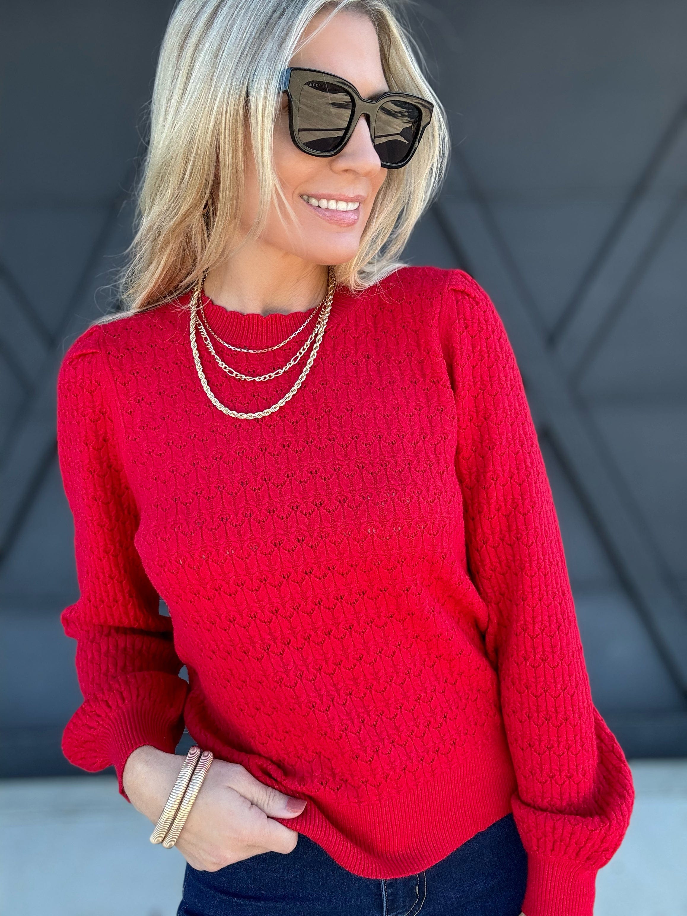 Puff Sleeve Scalloped Pointelle Sweater in Red - Infinity Raine