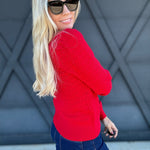 Puff Sleeve Scalloped Pointelle Sweater in Red - Infinity Raine