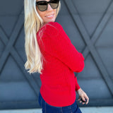 Puff Sleeve Scalloped Pointelle Sweater in Red - Infinity Raine