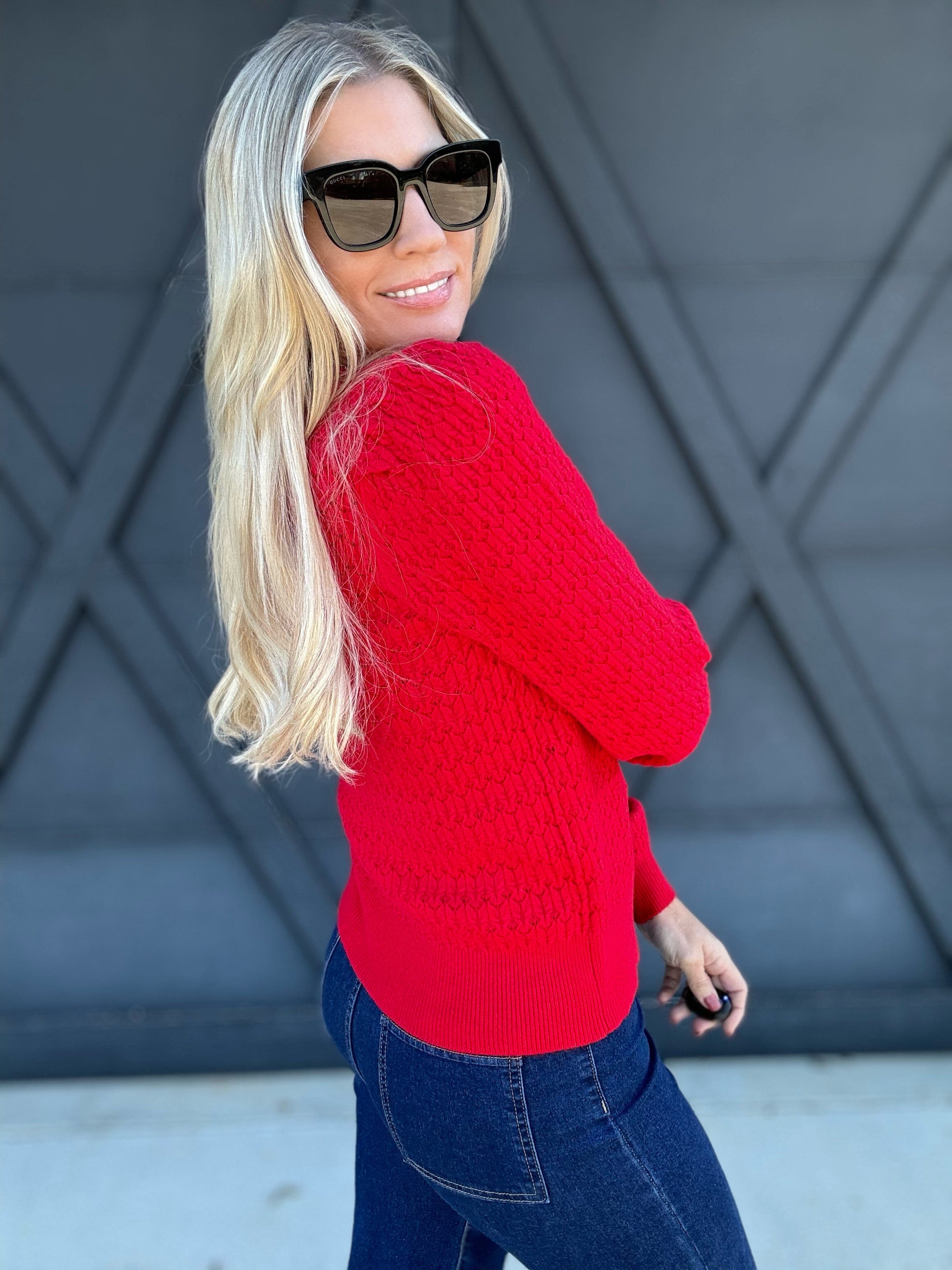 Puff Sleeve Scalloped Pointelle Sweater in Red - Infinity Raine