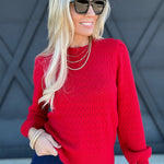 Puff Sleeve Scalloped Pointelle Sweater in Red - Infinity Raine