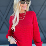 Puff Sleeve Scalloped Pointelle Sweater in Red - Infinity Raine