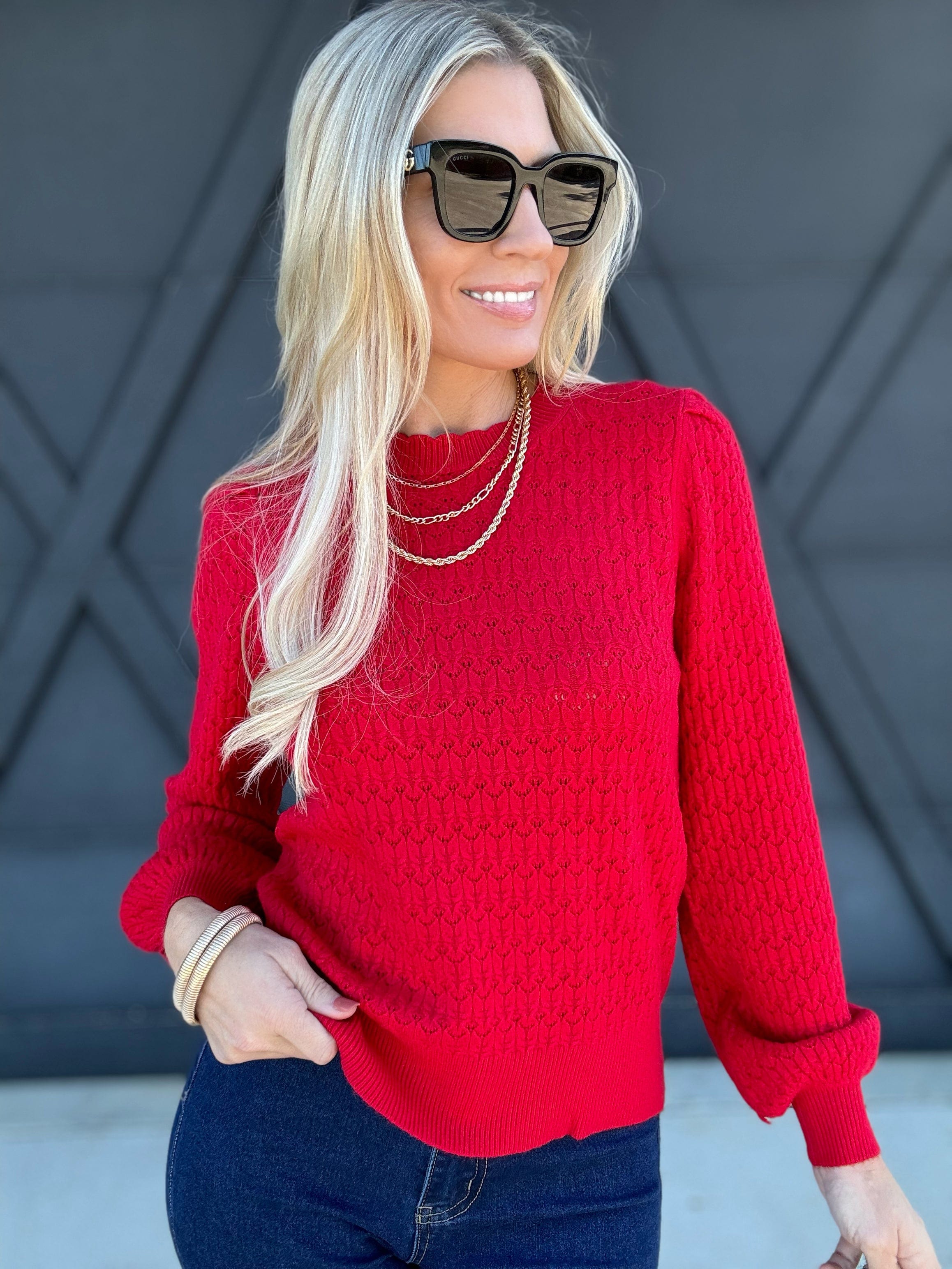 Puff Sleeve Scalloped Pointelle Sweater in Red - Infinity Raine