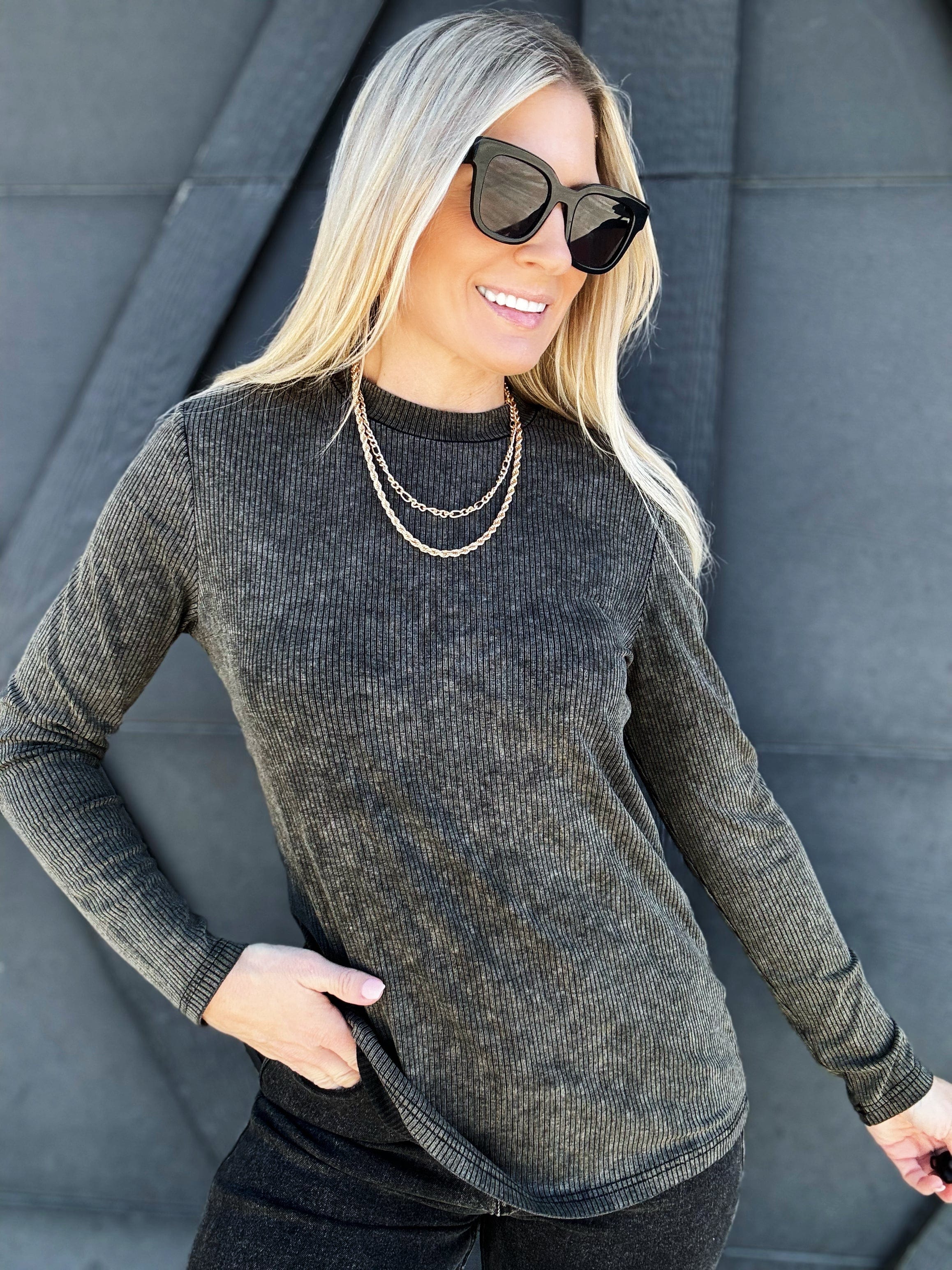 Mineral Washed Ribbed Top In Charcoal - Infinity Raine