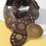 Floral Embossed Oval Disc Belt In Ago Dark Brown - Infinity Raine