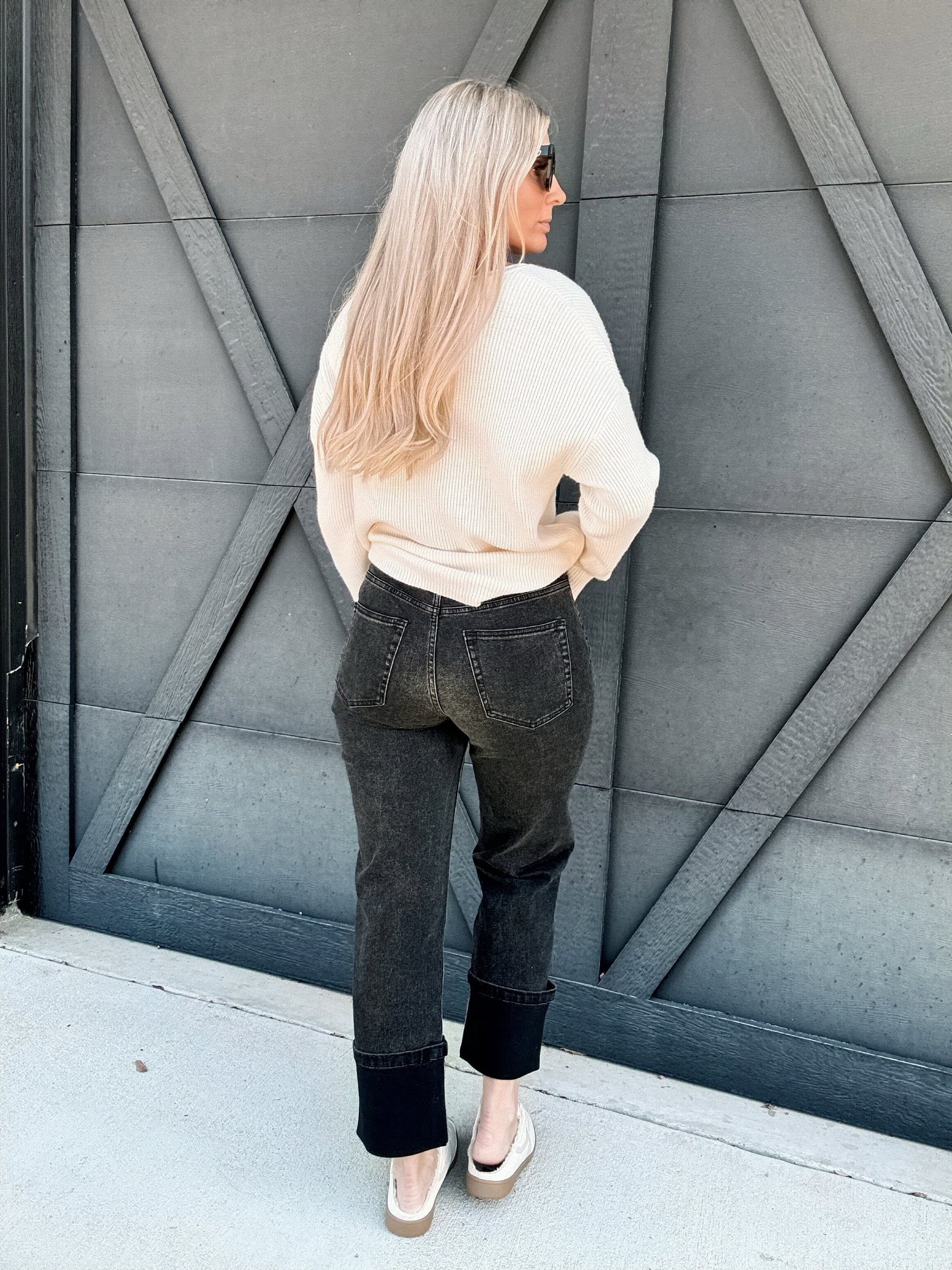 Cuffed Borrom Denim Pants In Black - Infinity Raine