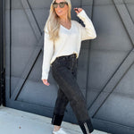 Cuffed Borrom Denim Pants In Black - Infinity Raine