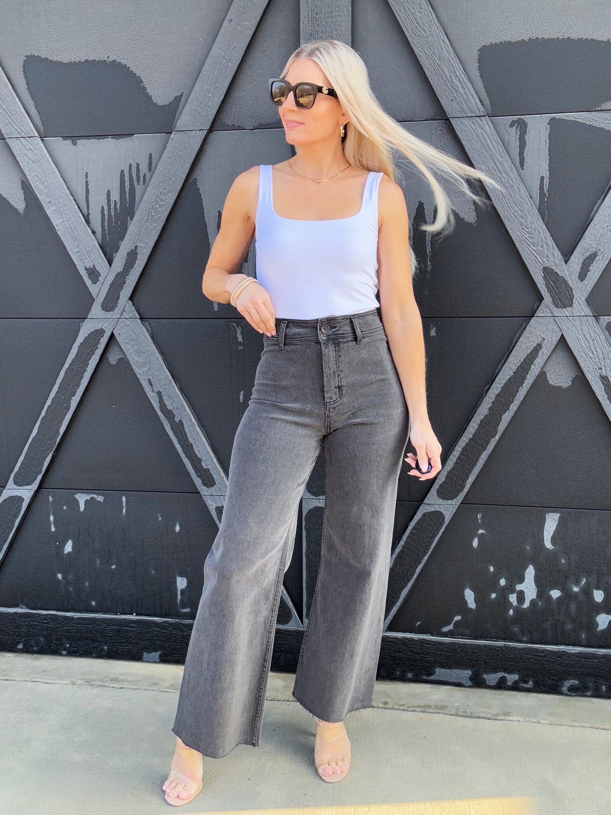 Straight Wide Leg Denim Pants In Washed Black - Infinity Raine