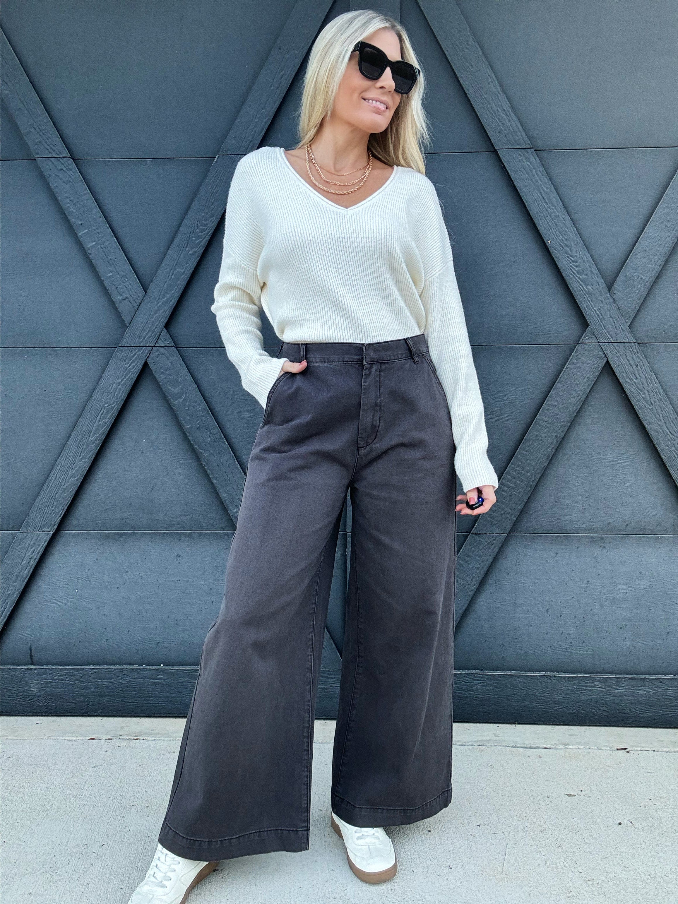 Miou Muse Bottoms - Pants Wide Leg Cotton Pants In Charcoal