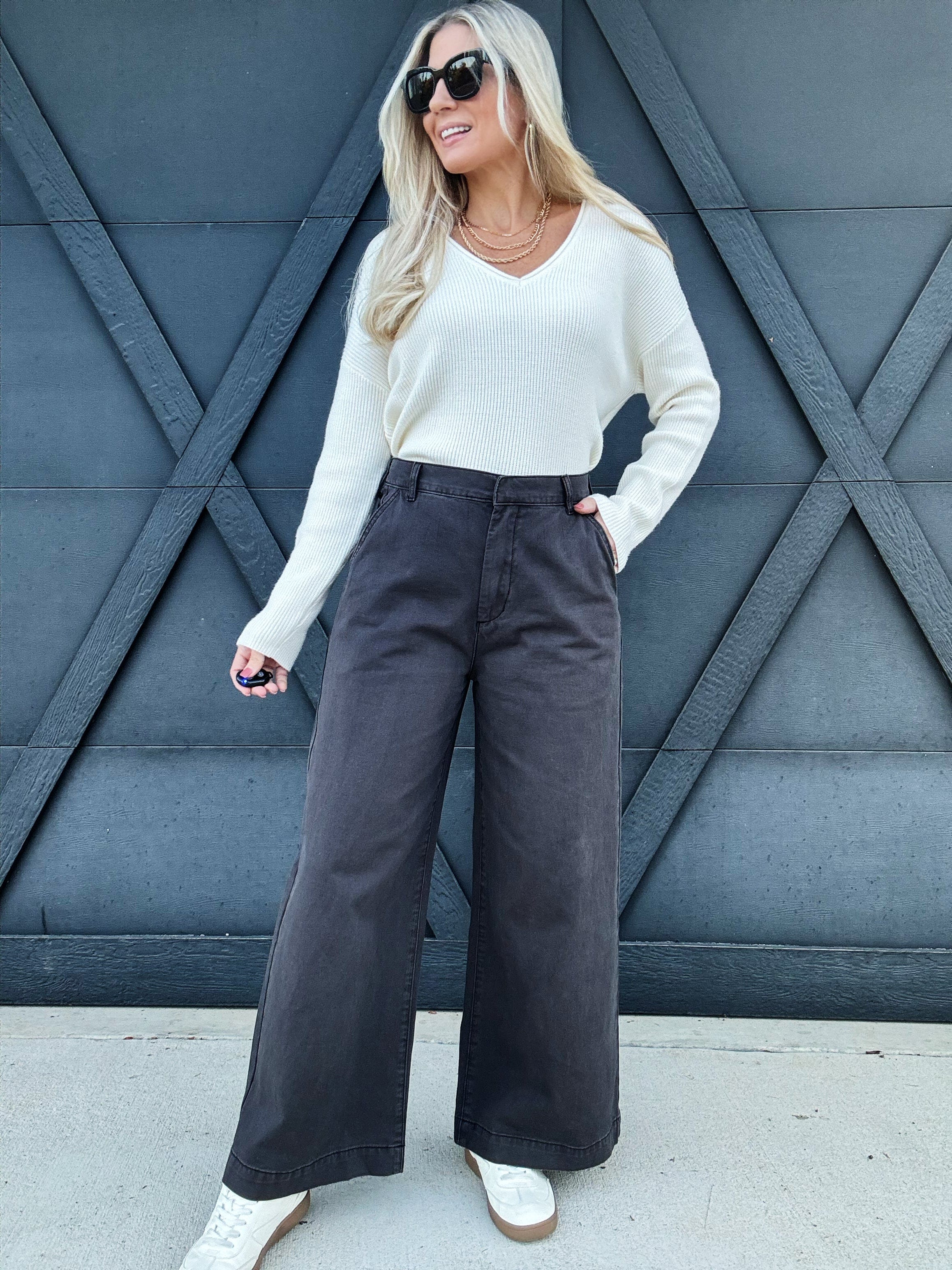 Wide Leg Cotton Pants In Charcoal - Infinity Raine