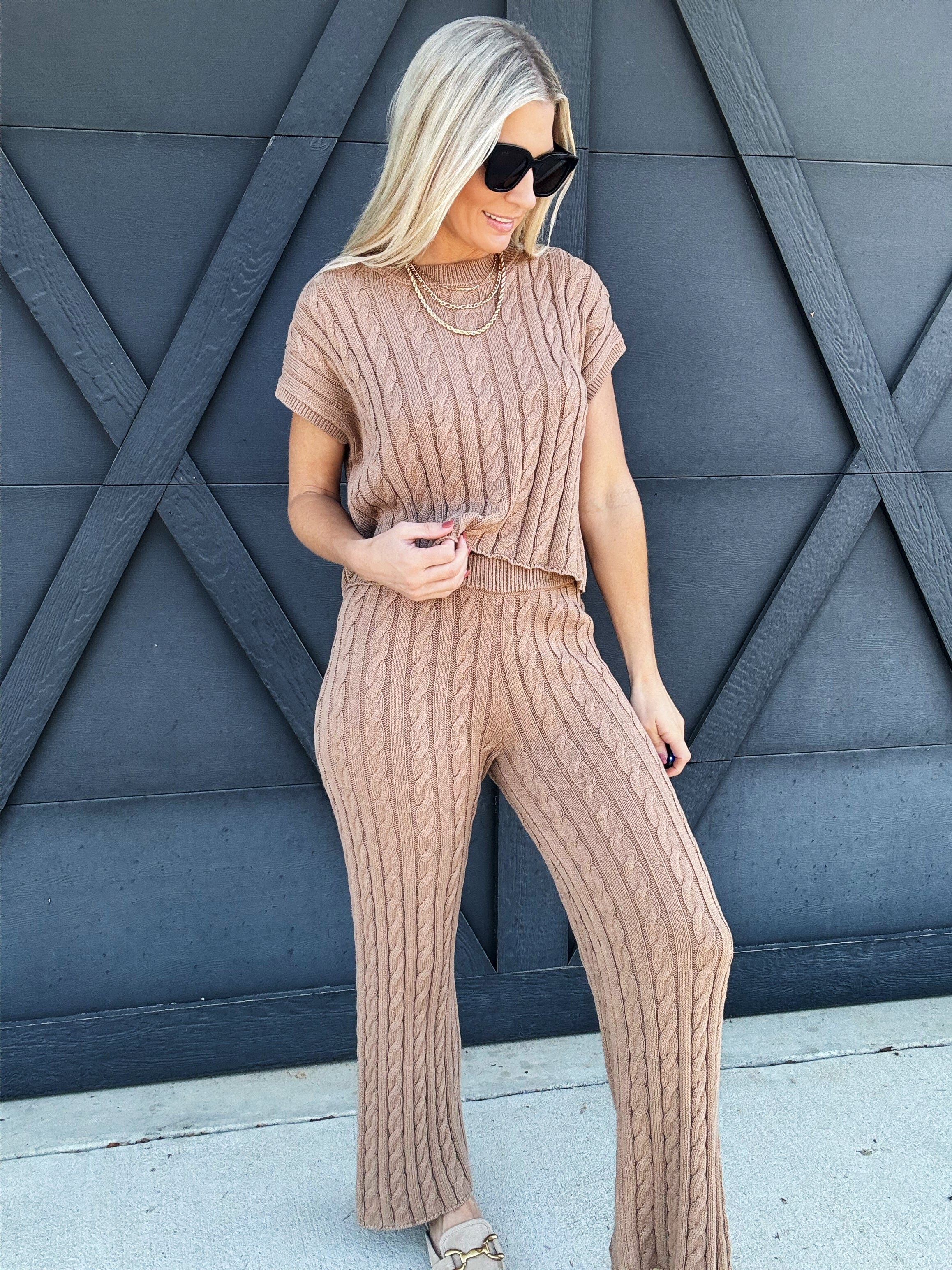 Cable Knitted Sweater Set In Cocoa - Infinity Raine