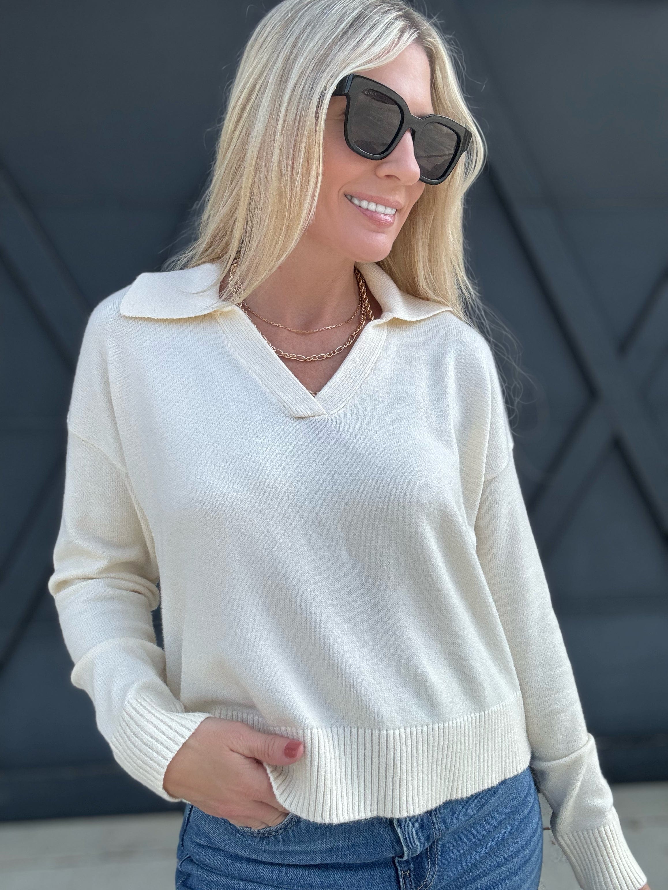 Soft Sweater Knitted Collared Top In Cream - Infinity Raine