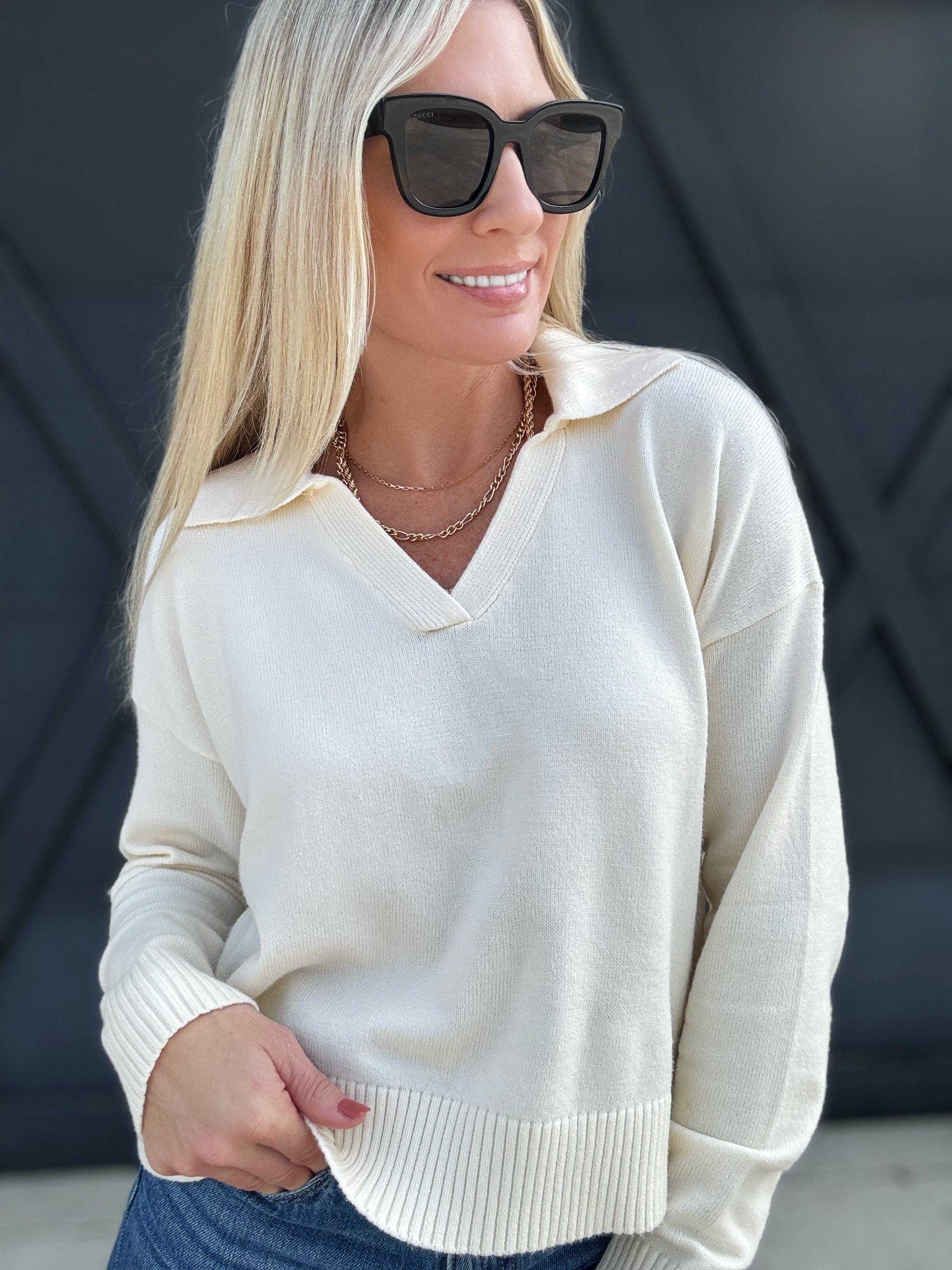 Soft Sweater Knitted Collared Top In Cream - Infinity Raine