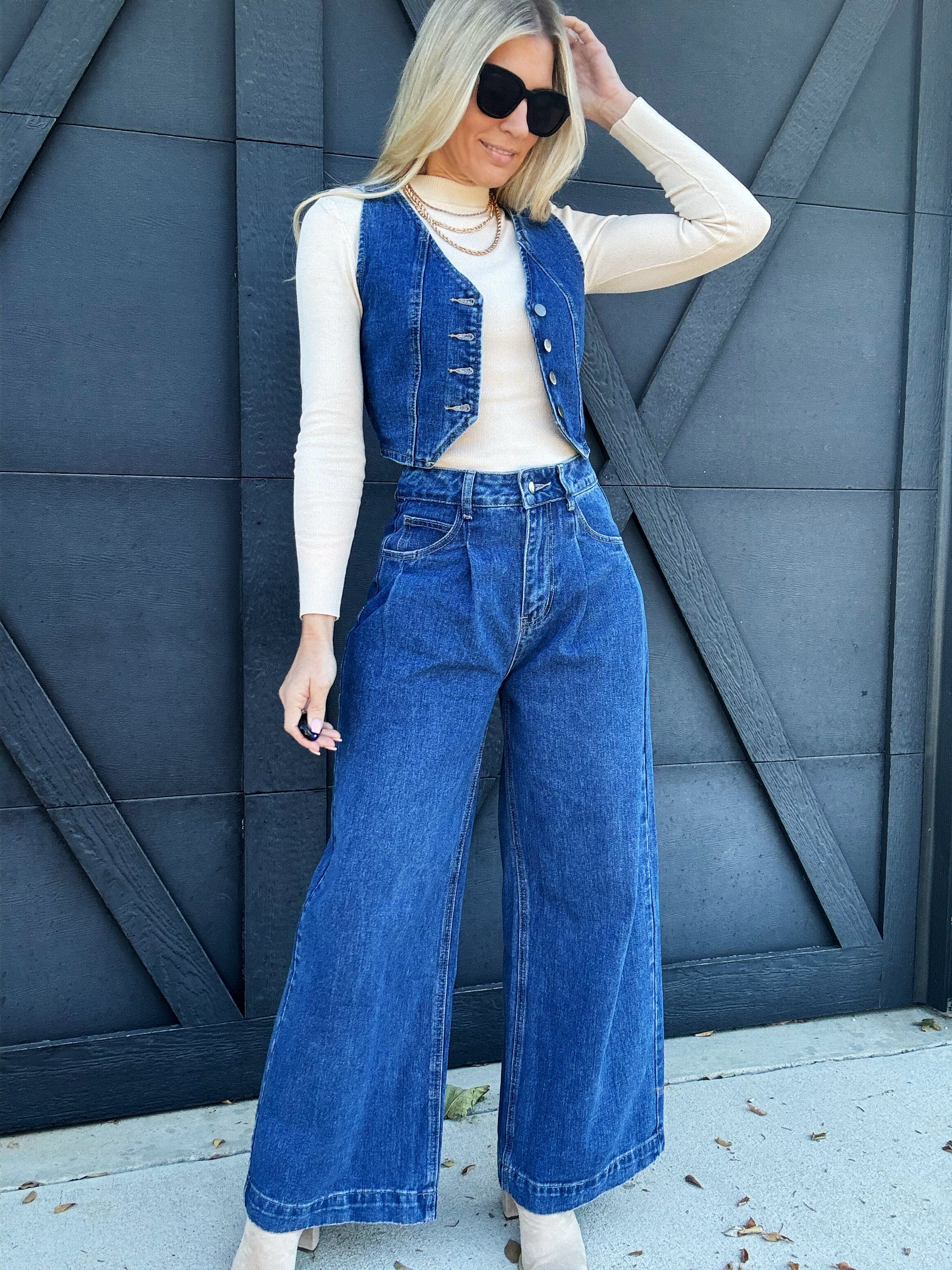 Wide Leg Denim Pants In Dark Wash - Infinity Raine