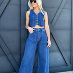 Wide Leg Denim Pants In Dark Wash - Infinity Raine