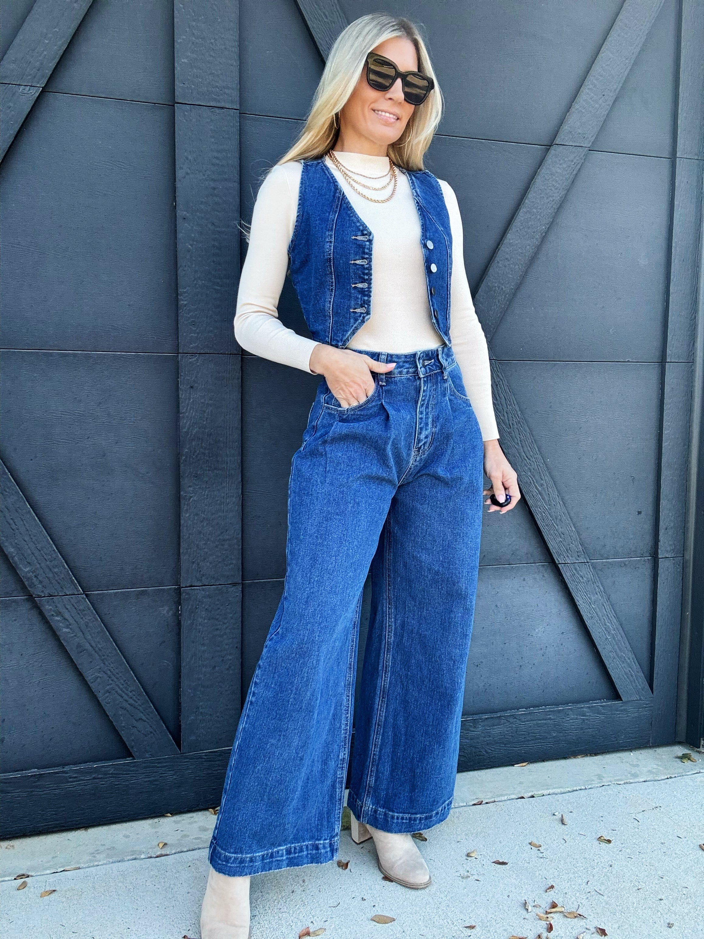 Wide Leg Denim Pants In Dark Wash - Infinity Raine