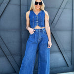 Wide Leg Denim Pants In Dark Wash - Infinity Raine