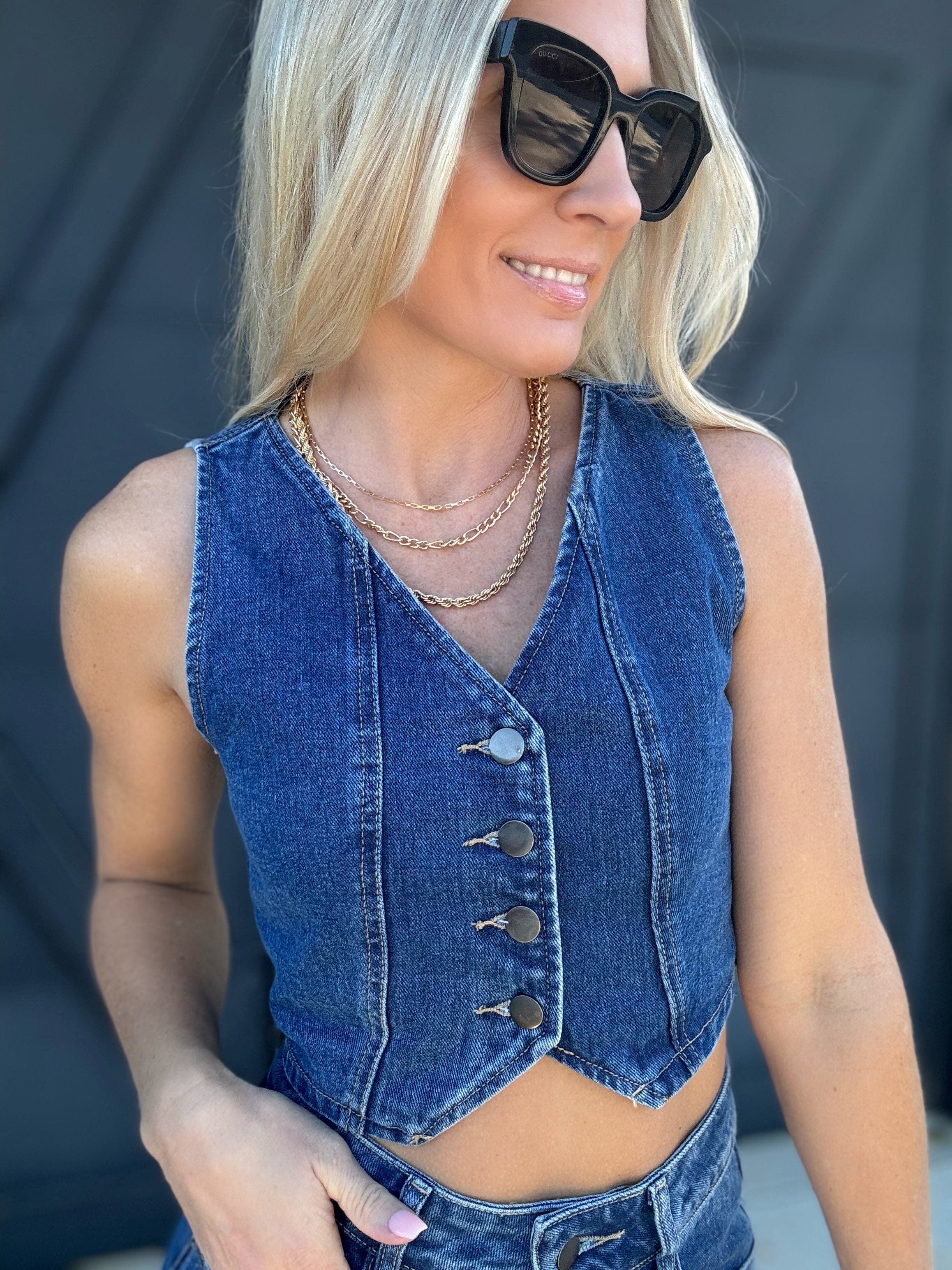 Cropped Denim Vest In Dark Wash - Infinity Raine