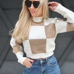 Checkerboard Crop Sweater In Taupe - Infinity Raine