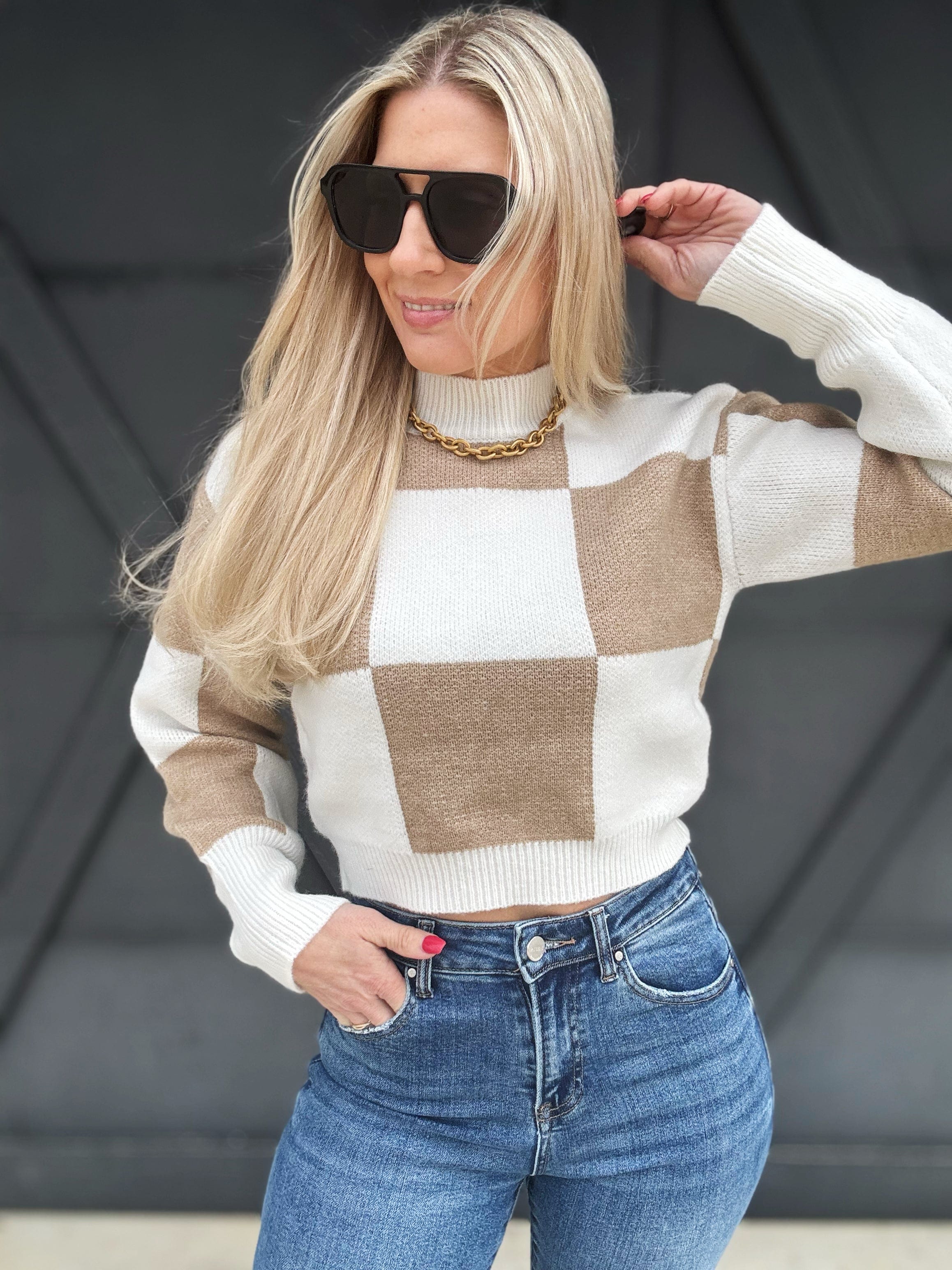 Checkerboard Crop Sweater In Taupe - Infinity Raine