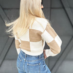 Checkerboard Crop Sweater In Taupe - Infinity Raine