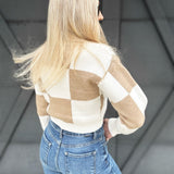 Checkerboard Crop Sweater In Taupe - Infinity Raine