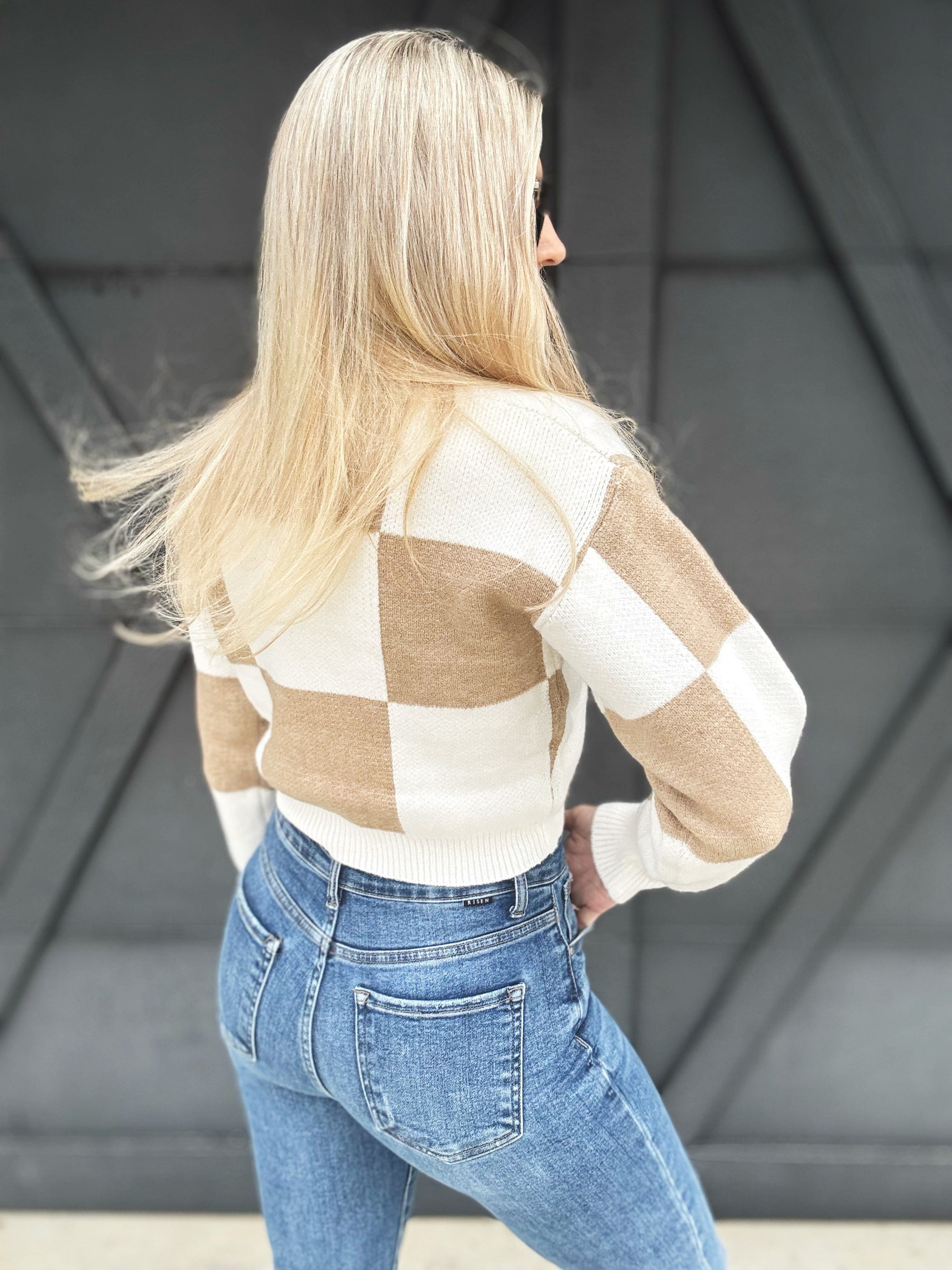 Checkerboard Crop Sweater In Taupe - Infinity Raine