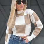 Checkerboard Crop Sweater In Taupe - Infinity Raine