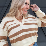 Striped Cropped V Neck Sweater In Coconut - Infinity Raine