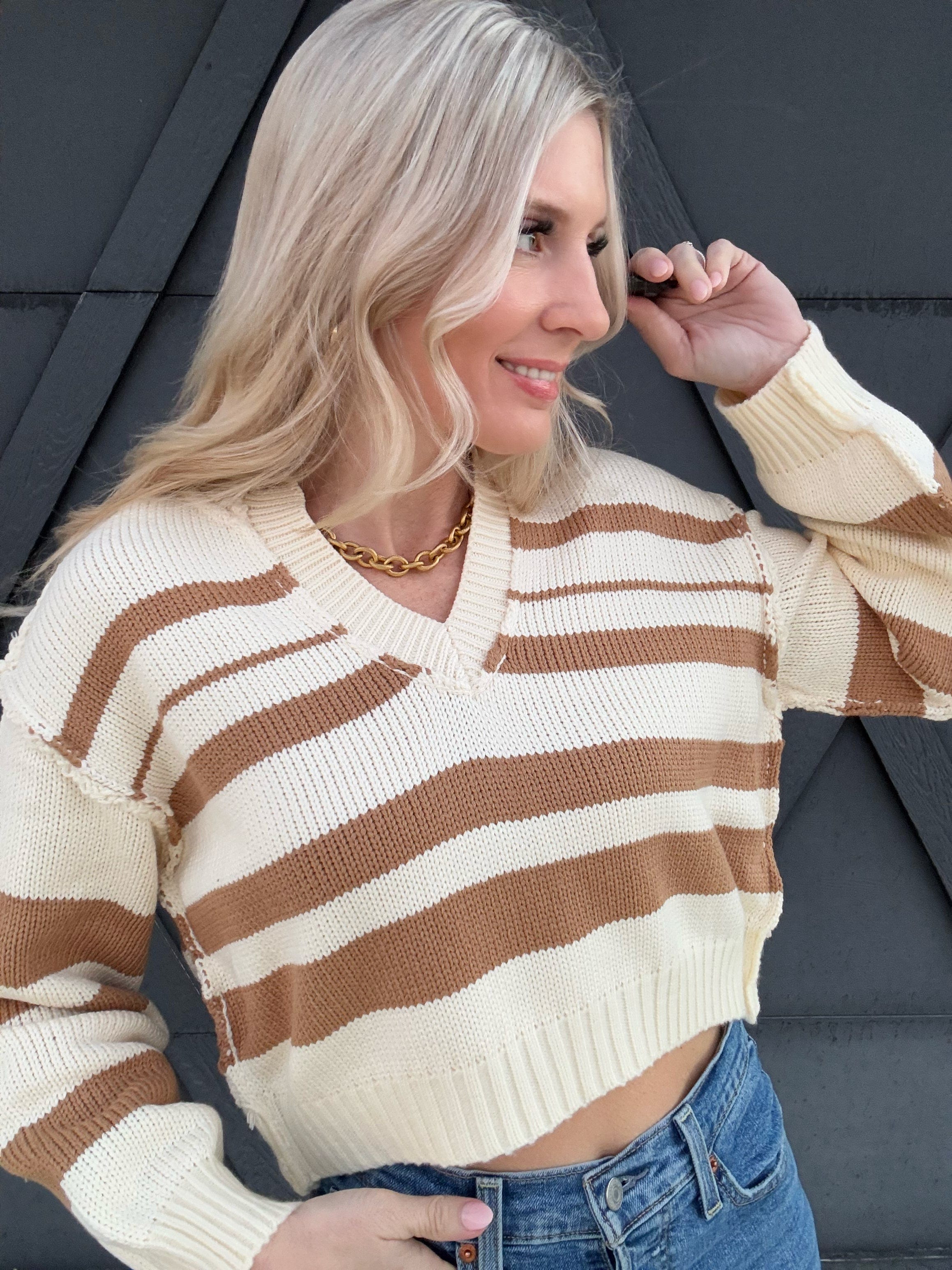 Striped Cropped V Neck Sweater In Coconut - Infinity Raine