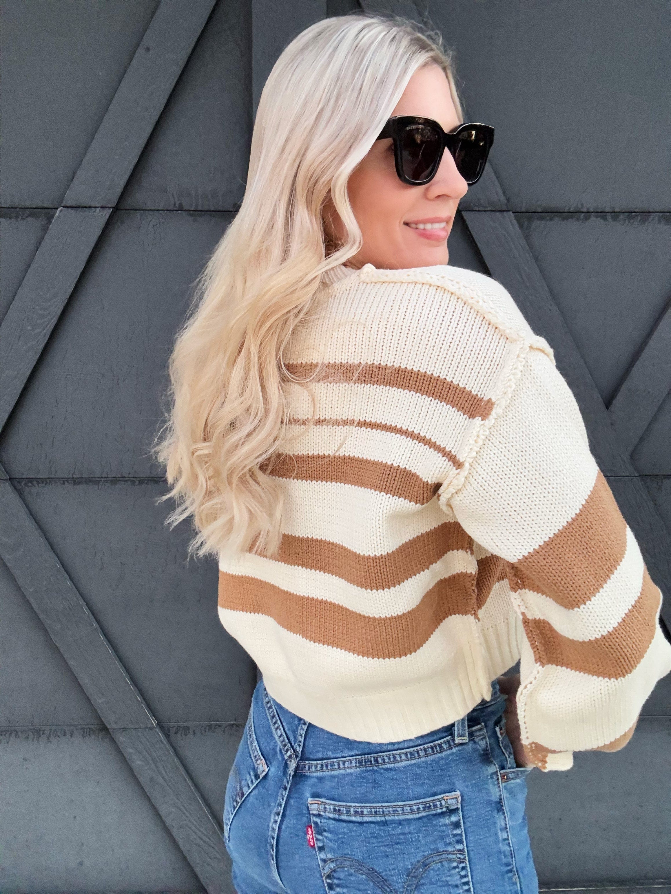 Striped Cropped V Neck Sweater In Coconut - Infinity Raine