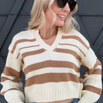 Striped Cropped V Neck Sweater In Coconut - Infinity Raine