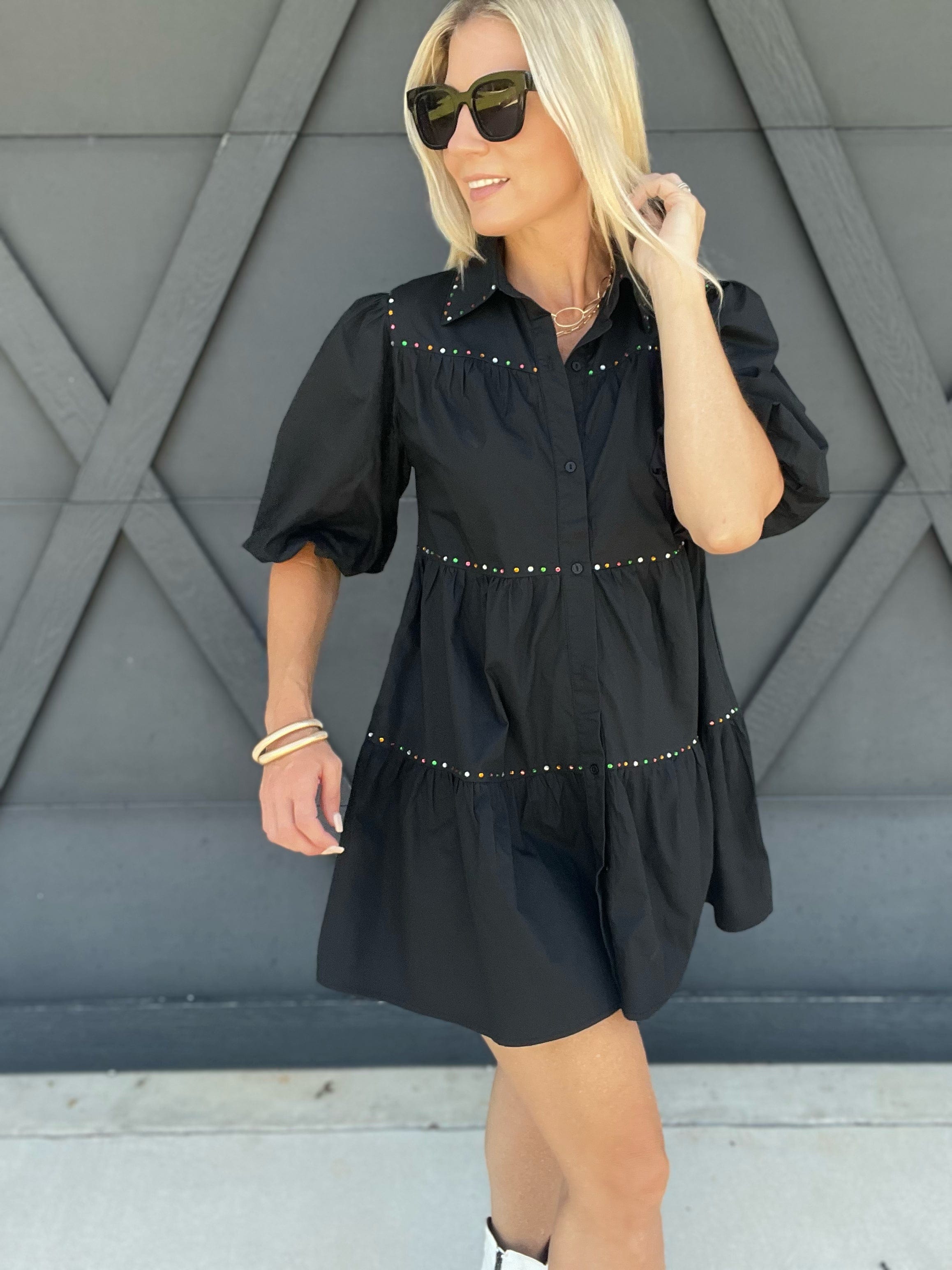 Rhinestone Cowgirl Tiered Shirt Dress In Black - Infinity Raine