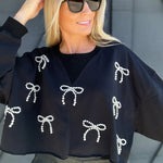 Cropped Pearl Bow Sweatshirt In Black - Infinity Raine