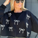 Cropped Pearl Bow Sweatshirt In Black - Infinity Raine