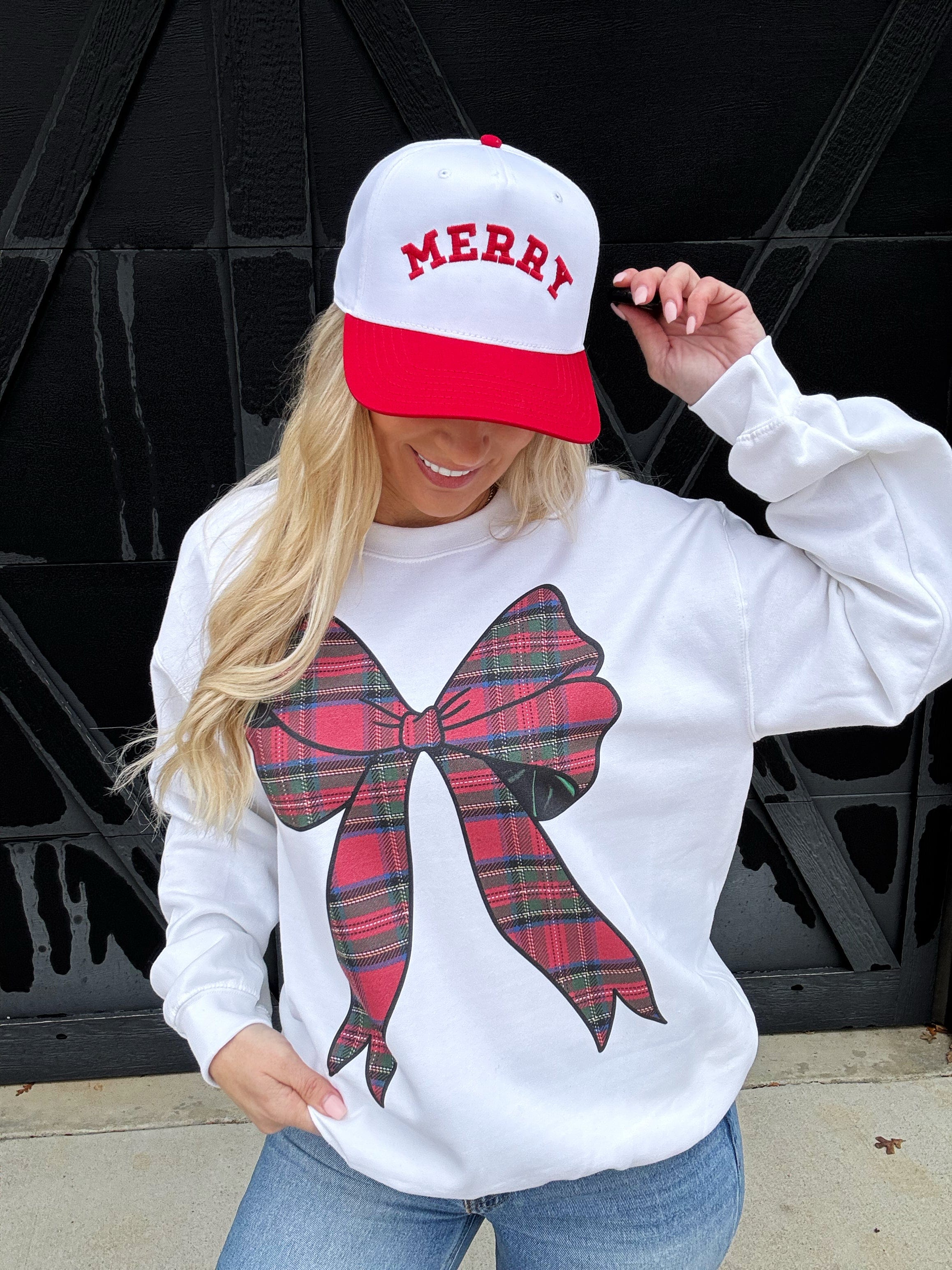 Plaid Bow Sweatshirt In White - Infinity Raine